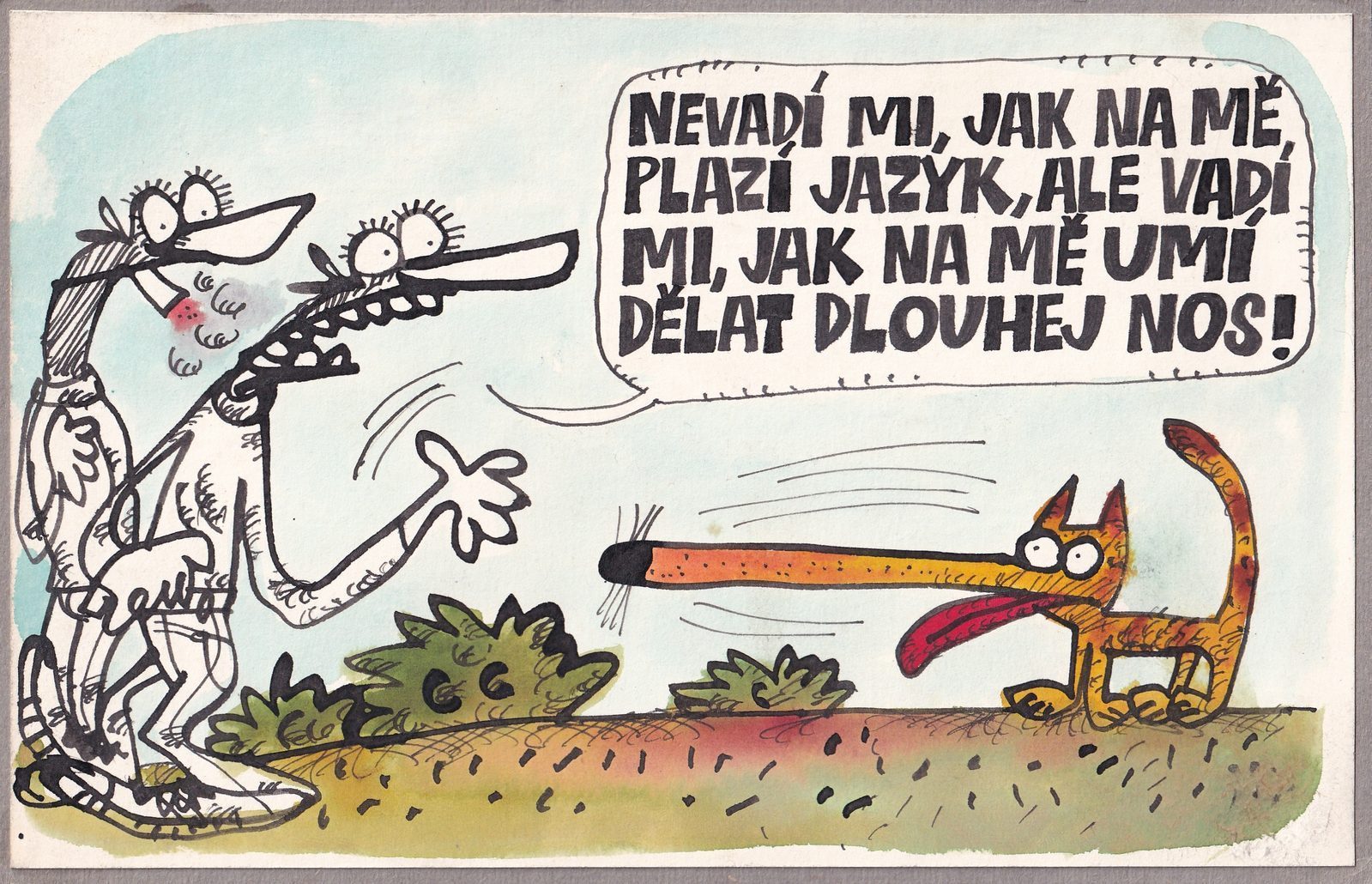 Dvojice trampů na procházce; zrzavý kocour proti nim vyplazuje jazyk a protahuje nos do dlouhé špičky.