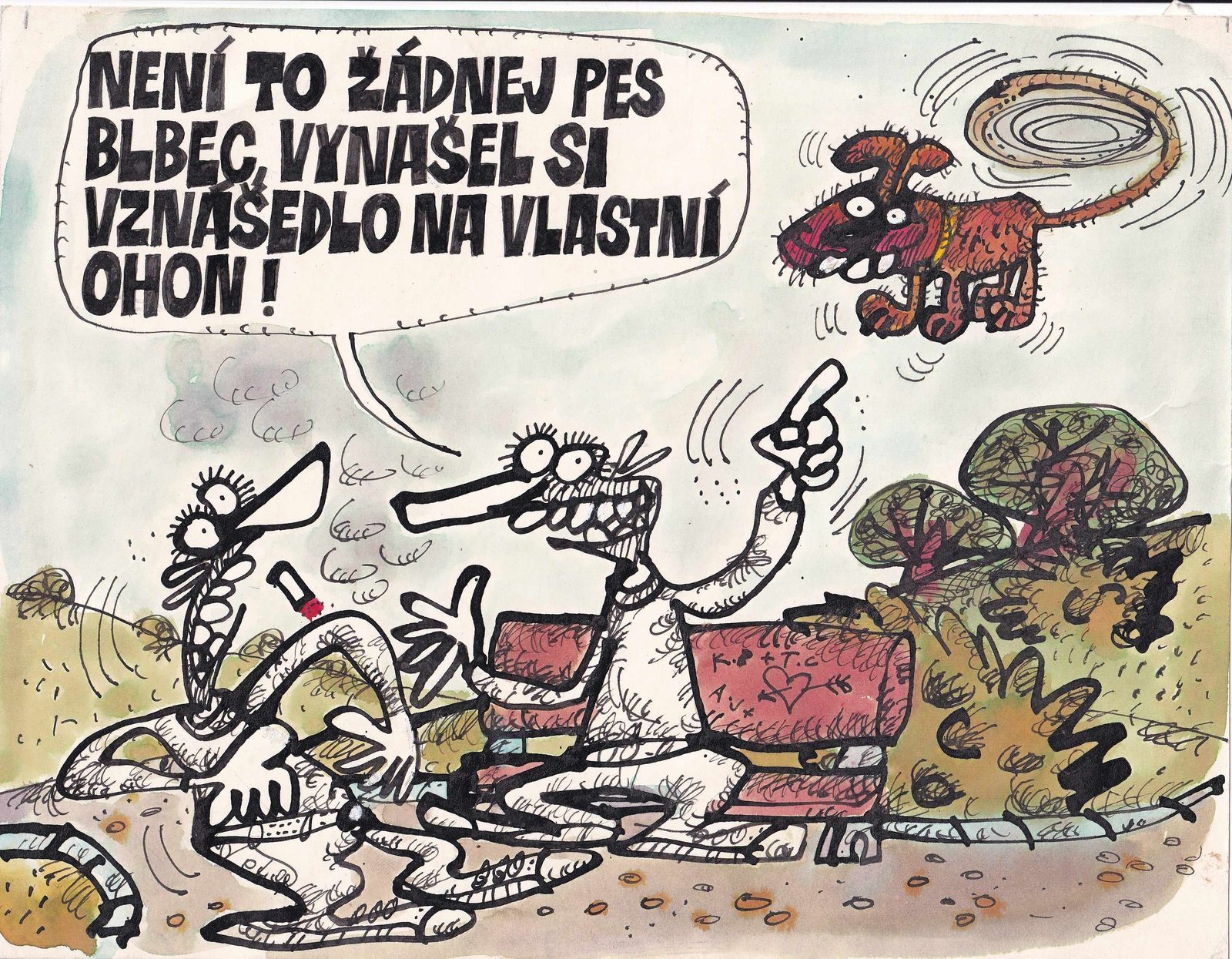 Dva trampové na lavičce; jeden ukazuje vzhůru na psa, který se vznáší ve vzduchu na roztočeném ocase.