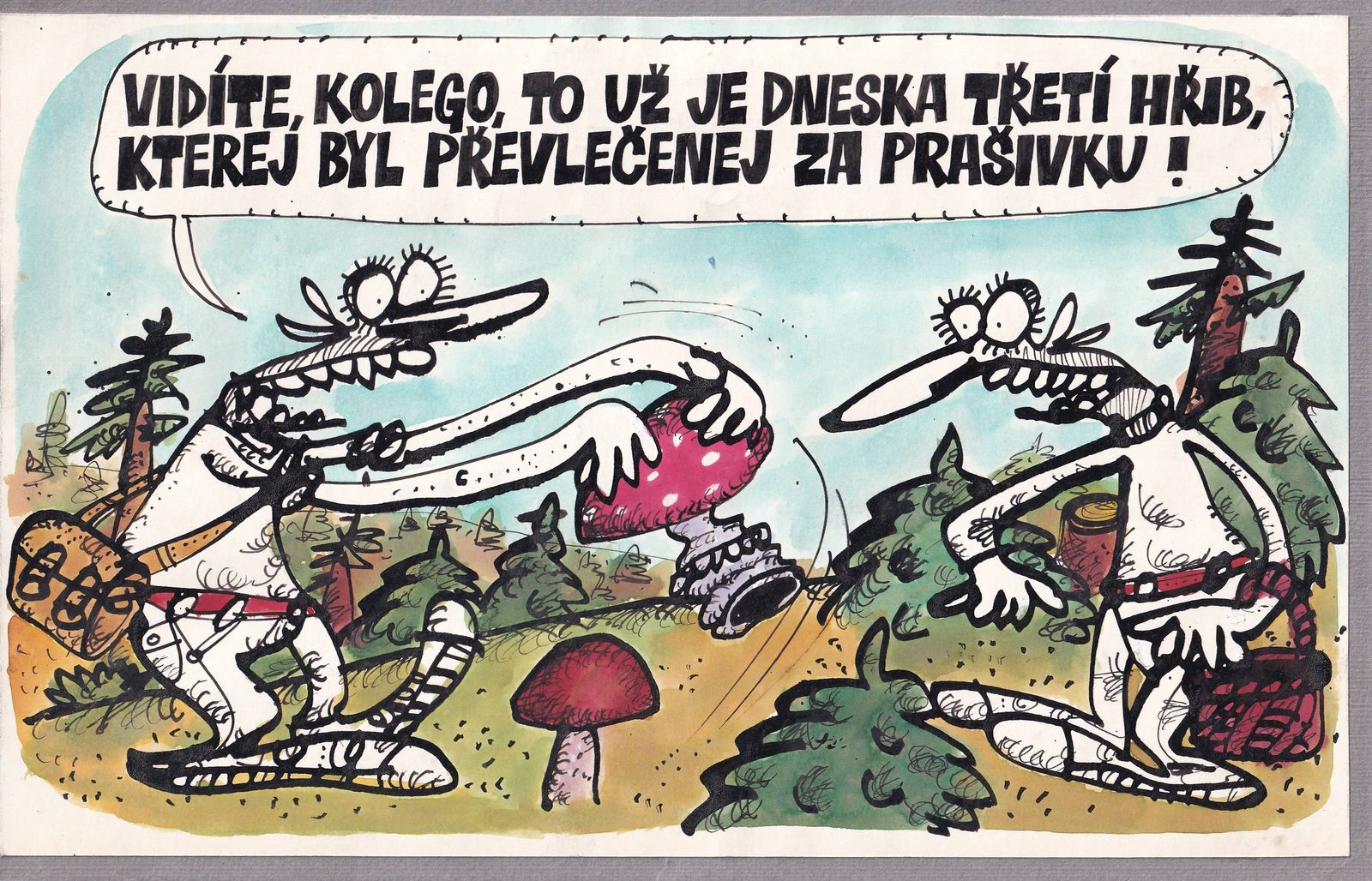 Dva houbaři v lese, jeden zvedá muchomůrku a ukazuje ji druhému; oba mají u pasu košík.