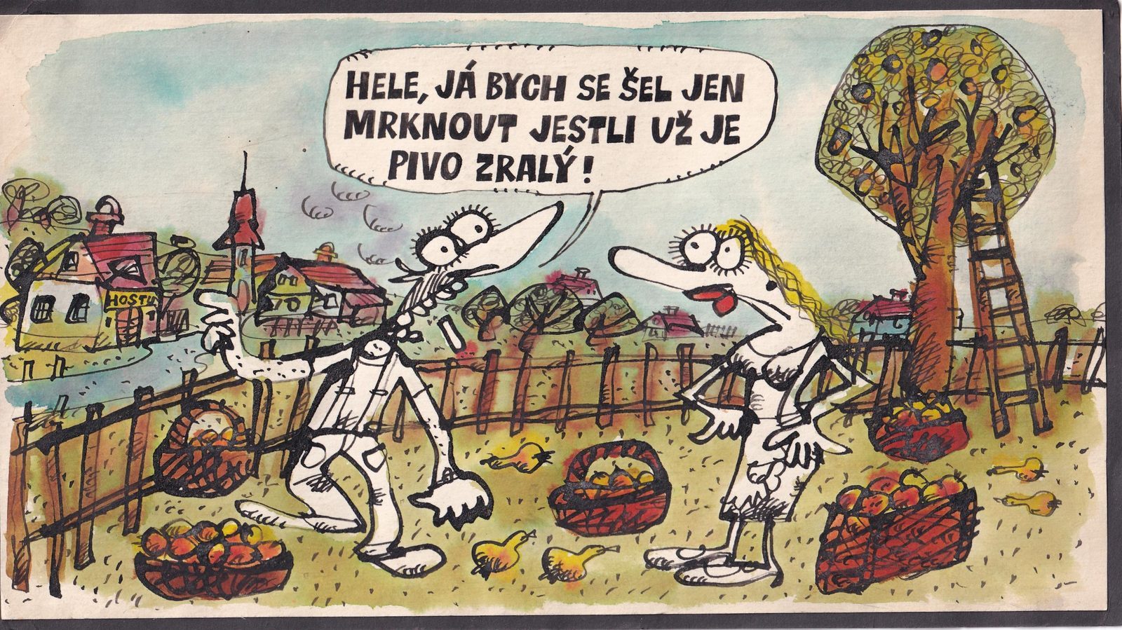 Muž se zvedá k odchodu ze zahrady plné košů s ovocem, žena proti němu; v pozadí vesnice s hospodou.