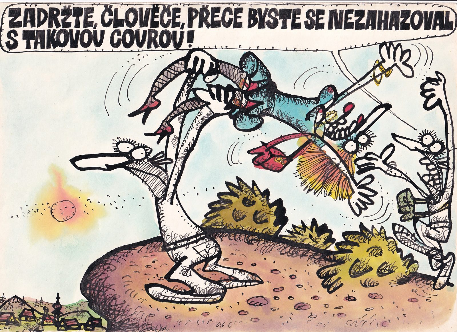 Na kopci nad vesnicí se tramp natahuje po vyzývavě oblečené ženě; z druhé strany k němu spěchají další postavy.